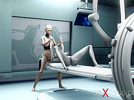 Alien lesbian sex in sci-fi lab  Female android plays with an alien
