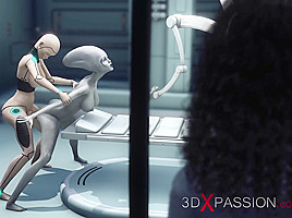 Alien lesbian sex in sci-fi lab  Female android plays with an alien