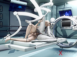 Alien lesbian sex in sci-fi lab  Female android plays with an alien