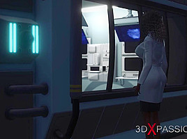 Alien lesbian sex in sci-fi lab  Female android plays with an alien