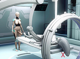 Alien lesbian sex in sci-fi lab  Female android plays with an alien
