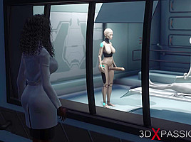 Alien lesbian sex in sci-fi lab  Female android plays with an alien