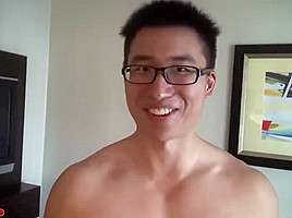 Asian cute glasses muscle boy having cumshot front of cam