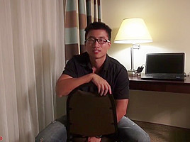 Asian cute glasses muscle boy having cumshot front of cam