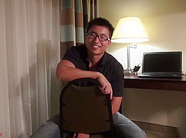 Asian cute glasses muscle boy having cumshot front of cam