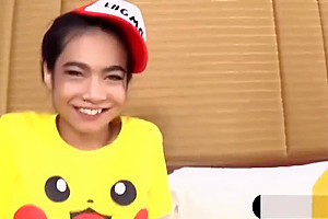 Asian ladyboy in a funny tshirt get barebacked hard