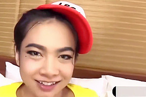 Asian ladyboy in a funny tshirt get barebacked hard