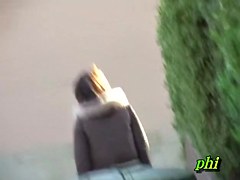 Asian babe wearing no panties gets street sharked in a park
