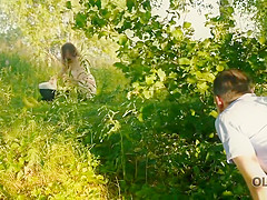 Beautiful Redhead With Glasses Rides Old Dick In The Woods