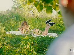 Beautiful Redhead With Glasses Rides Old Dick In The Woods