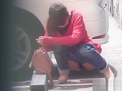 Bizarre asian whore pees in car park