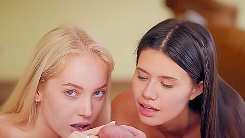 Blonde And Brunette Enjoy One Strong Cock