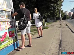 Blonde with pony tail caught on upskirt camera