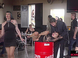 Bound public slut humiliated in group before cockriding