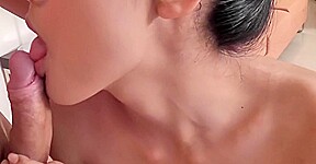 Brunette Ladyboy with Pointy Nipples Gets her Small Cock Sucked by a Dude