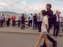 Brunette gets huge dick in public pub