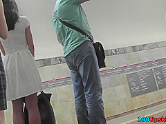 Brunette seen wearing a sexy thong in upskirt movie