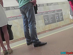 Brunette seen wearing a sexy thong in upskirt movie
