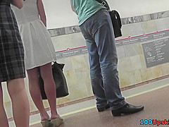 Brunette seen wearing a sexy thong in upskirt movie