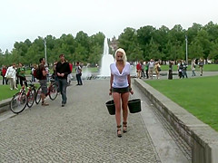 Busty blonde in wet shirt in public