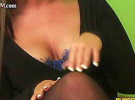 CFNM babe jerks cock and naked busty MILF watches