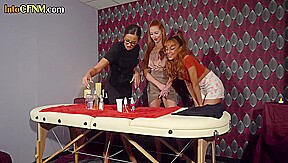 CFNM babes in deepthroat oral group action on massage table
