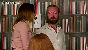 CFNM library femdoms suck cock in group BJ and HJ action