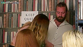 CFNM library femdoms suck cock in group BJ and HJ action