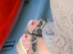 Caught Sexy Lady With Candid Feet In Wedge Shoes On The Bus
