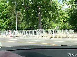 Charming blonde with a perfectly shaved pussy is getting fucked in the nature and enjoying it
