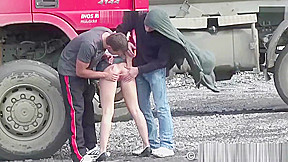 Construction site PUBLIC gangbang with a young pretty girl