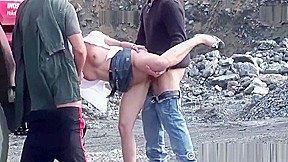 Construction site PUBLIC gangbang with a young pretty girl