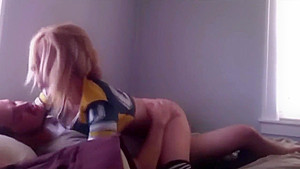 Crazy blonde bitch having a real orgasm with her new roommate guy