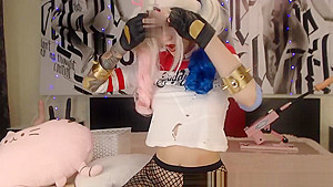 Cute Harley Quinn Cosplayer Playing With Herself   