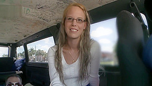 Cute teen 18+ with glasses talked into sucking dick in bang bus