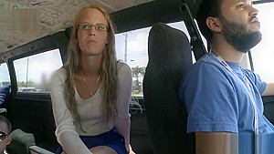 Cute teen 18+ with glasses talked into sucking dick in bang bus