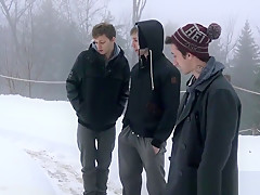 Cute twinks have a threeway in the cabin after taking a walk