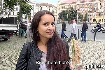 Dilettante dark brown Czech beauty flashes boobs and public sex
