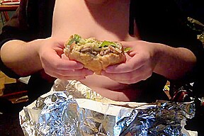 Disgusting fat bitch eats cheeseburger