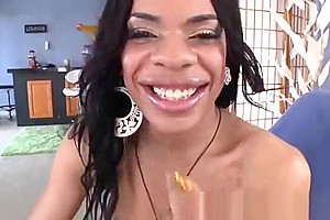 Ebony transsexual in fishnet stockings gives her dick a loving treatment