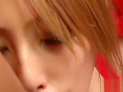 Elegant lady Sakura Kiryu opens her mouth and sucks two stron
