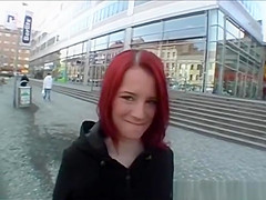 European redhead girl shows off her tits and pussy outdoor for cash