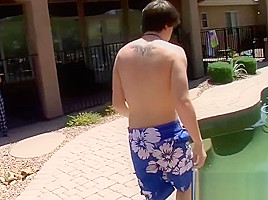 Gay youngster Jordan Long jumps in pool before jerking off