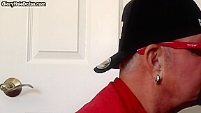 Gloryhole DILF sucking cock at home in homemade closeup