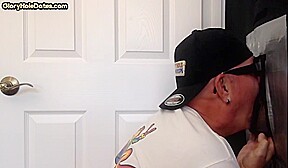 Gloryhole barebacked DILF sucks cock in amateur home video
