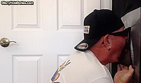 Gloryhole barebacked DILF sucks cock in amateur home video