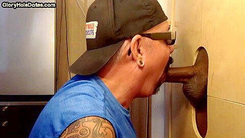 Gloryhole gaydaddy sucks black penis till cum in mouth