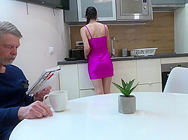 Grandpa cums on her young perky tits after fucking her