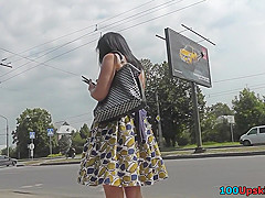 G-string of a brunette seen in upskirt mov