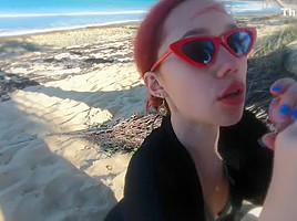 He cums fast in her tight pussy at the beach